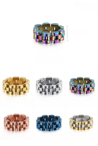 Watch band style rings in multiple colors showing 8mm width and stainless steel texture