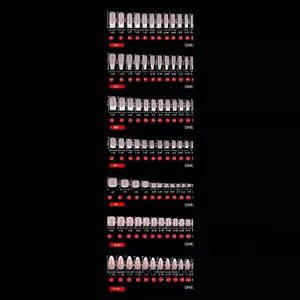24 pieces of oval and almond press-on false nails with detailed sizing measurements