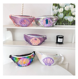 Detail showing colorful sequin girls fanny packs with pearl shell patch in five colors