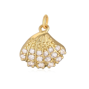 Elegant gold shell pendant with sparkling cubic zirconia stones on white background