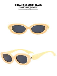 Front and side view of retro oval sunglasses with cream frame and dark grey lenses