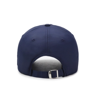 Rear view of navy blue quick-dry baseball cap with adjustable metal buckle strap