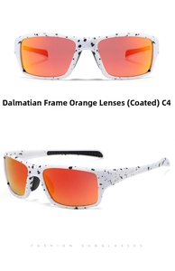 Detail view of cow pattern sports sunglasses with orange mirrored coating lenses