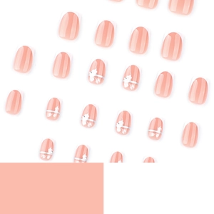Short square French manicure press-on nails with white flowers and silver line design