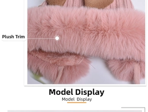 Detail of pink knitted winter hat featuring plush faux fur trim and cute brown ears