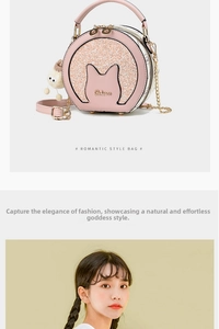 Detail view of pink sequined round crossbody bag with a cat-shaped pocket and plush lamb charm