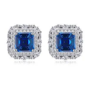 925 Sterling Silver Earring Post Royal Blue Square Emerald Cut Stud Earrings With Rhinestone Halo For Women Luxury Jewelry