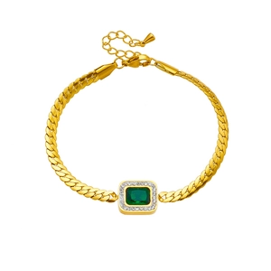 Elegant gold titanium steel Cuban chain bracelet with a square green gemstone centerpiece