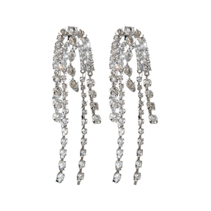 Elegant silver tassel earrings with long sparkling crystal fringes and teardrop design