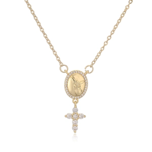 18K gold plated necklace featuring an oval angel relief pendant and a zircon cross