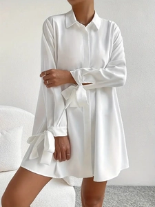 Hemdkleid Langarm Einfarbig Schleifenmanschetten Revers Knöpfe Locker Lässig Elegant Büro Für Damen