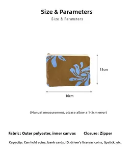 Detail view of 11x16cm floral pouch showing dimensions and polyester fabric texture