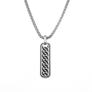 Men's stainless steel necklace featuring a vintage square pendant with black textured oil drip