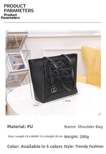 Detail of black quilted tote bag showing 33x12x28cm size and golden ring charm