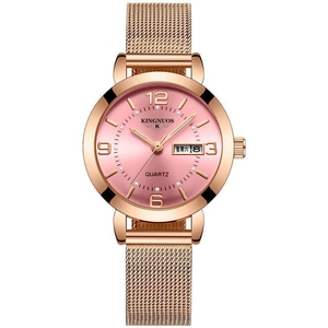 Women's quartz watch with rose gold mesh band, pink sunray dial and day-date display