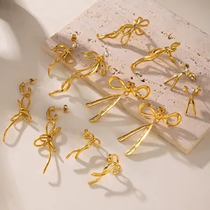Luxury Stainless Steel Bowknot Ribbon Tassel Drop Earrings For Women Elegant Zirconia Inlaid Gold Silver Jewelry Gift