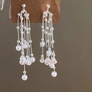 Detailed view of elegant silver pearl tassel earrings with cascading beads and drop pearls