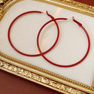 Macro view of polished deep red circular hoop earrings on a velvet jewelry display cushion