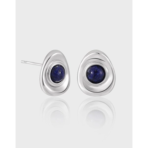 925 Sterling Silver Geometric Oval Stud Earrings For Women Minimalist Inlaid Lapis Lazuli Chic Blue Stone Earring Jewelry