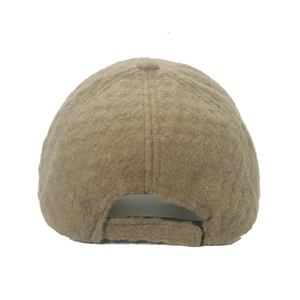 Detail of adjustable khaki faux shearling baseball cap with soft fleece texture back view