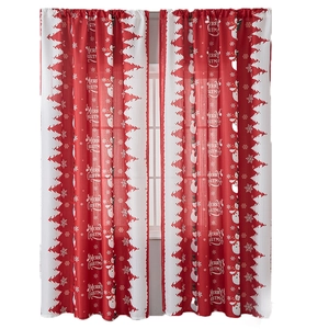 Two-piece red and white Christmas curtains with snowman, trees and Merry Christmas text