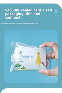 Close-up of portable thick disposable raincoat in card-sized vacuum packaging