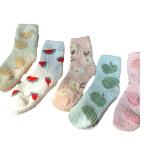 5 pairs of coral fleece socks for women featuring colorful fruit and flower patterns