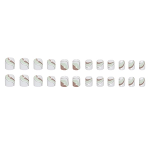 Faux ongles courts carrés-ovales avec motif de vagues vert et marron sur base crème