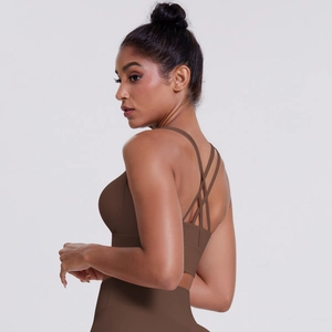 Deep brown cross-back sports bra with high-elastic brushed fabric for yoga and running