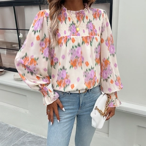 Women Floral Print Blouse Chiffon Polyester Long Sleeve Smocked High Neck Lantern Sleeve Pullover Elegant Top