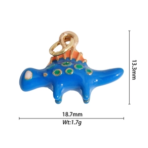 Blue dinosaur pendant dimensions 18.7x13.3mm with green dots and gold metal plating