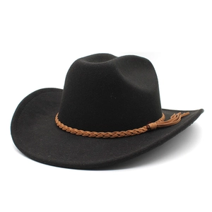 Classic black wool felt cowboy hat featuring a brown braided rope band with tassel detail