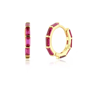 Elegant gold-plated S925 silver hoop earrings with vibrant rectangular rose red zircons