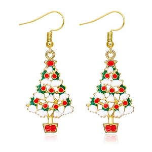 Detailed macro view of golden Christmas tree earrings with colorful enamel decorations