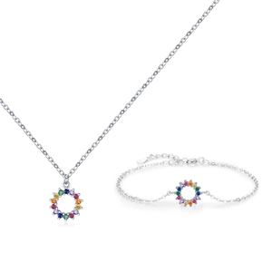 S925 Sterling Silver Jewelry Set with Round Rainbow Zircon Necklace and Bracelet