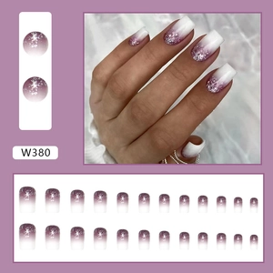 Long square gradient purple press-on nails with silver glitter and 24-piece full set layout