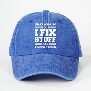 Washed blue cotton baseball cap with white I FIX STUFF print and wrench graphic