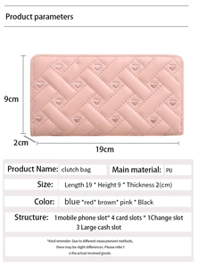 Pink long PU leather wallet with heart stitching showing detailed size dimensions of 19x9x2cm