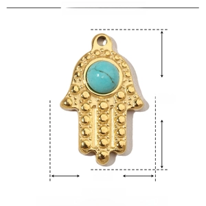Hamsa Hand pendant details showing 24mm height and 15mm width dimensions on white background