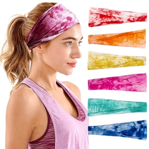 Set of six colorful tie-dye elastic sport headbands for yoga and fitness exercise