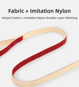 Detail of red and green plaid cotton strap with double-stitched beige nylon backing