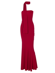 Slim fit dark red strapless midi dress with matching neck scarf and mermaid hemline