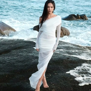 Elegant White Ruched Maxi Dress One Shoulder Mesh Long Sleeve Sexy Bodycon Slim Fit Side Slit Party Evening For Women
