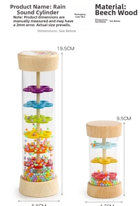 Detail view of two sizes of wooden rainmaker toys with colorful beads and beech wood ends