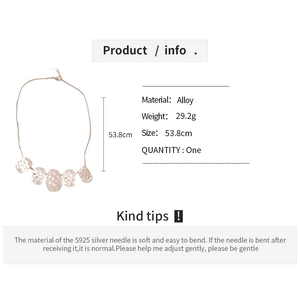 Detailed view of hammered alloy oval pendant necklace with specifications and S925 silver needle