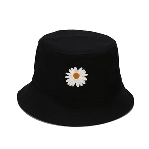 Classic black cotton bucket hat with white daisy embroidery for summer sun protection