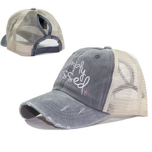 Washed dark gray baseball cap with Simply Blessed embroidery and breathable mesh back