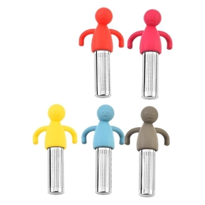 Creative stainless steel tea strainers with colorful silicone handles in five distinct colors