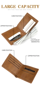 Detail of brown leather wallet interior featuring multiple card slots and zipper pocket
