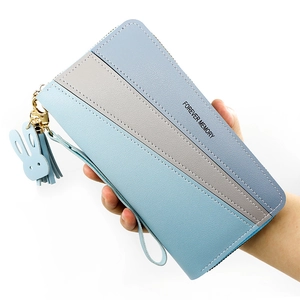 Women long zipper wallet in blue and grey colorblock design with cute rabbit charm